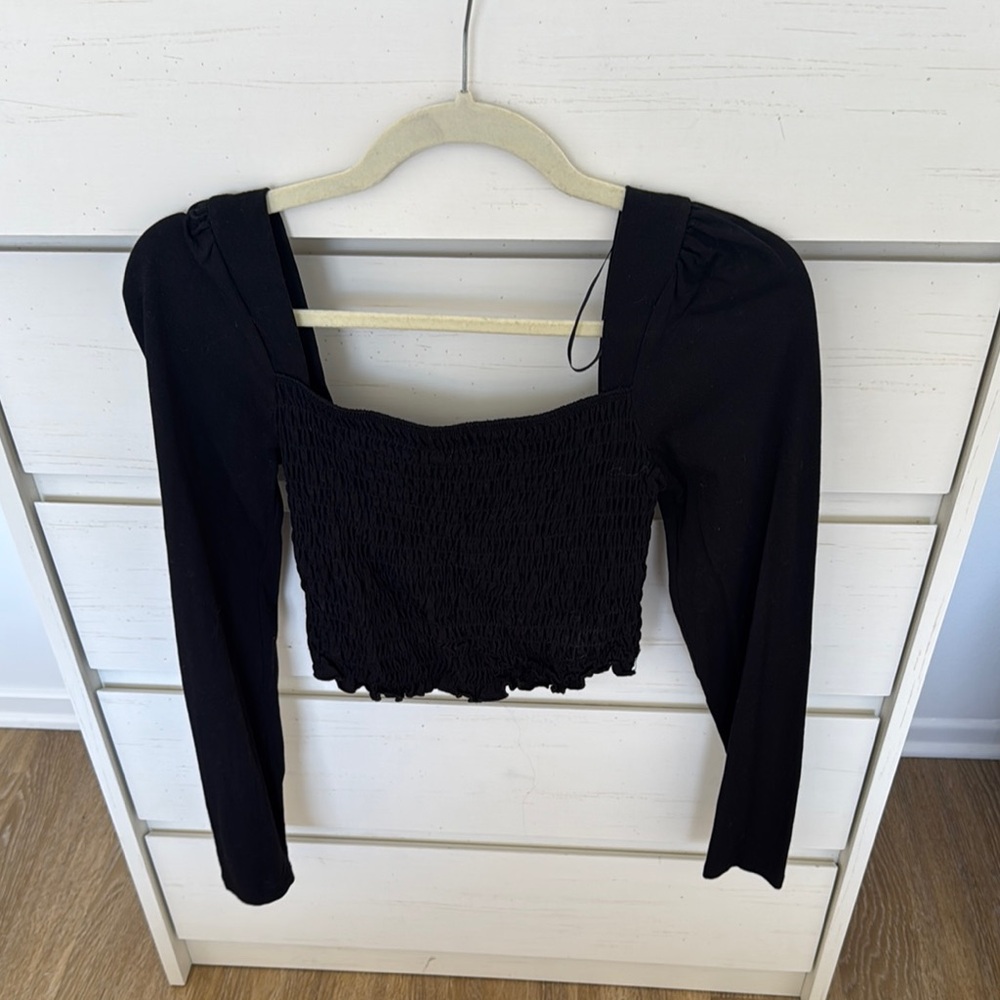 Topshop Black Smocked Long Sleeve Top